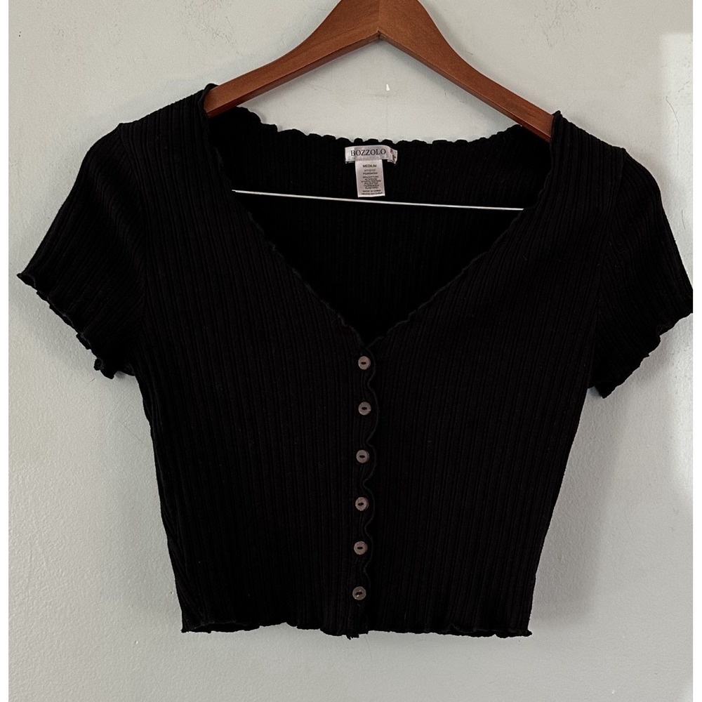 Bozzolo Ribbed Knit Crop Top Ruffle Trim Black M Buttons Y2K Whimsigoth Coquette